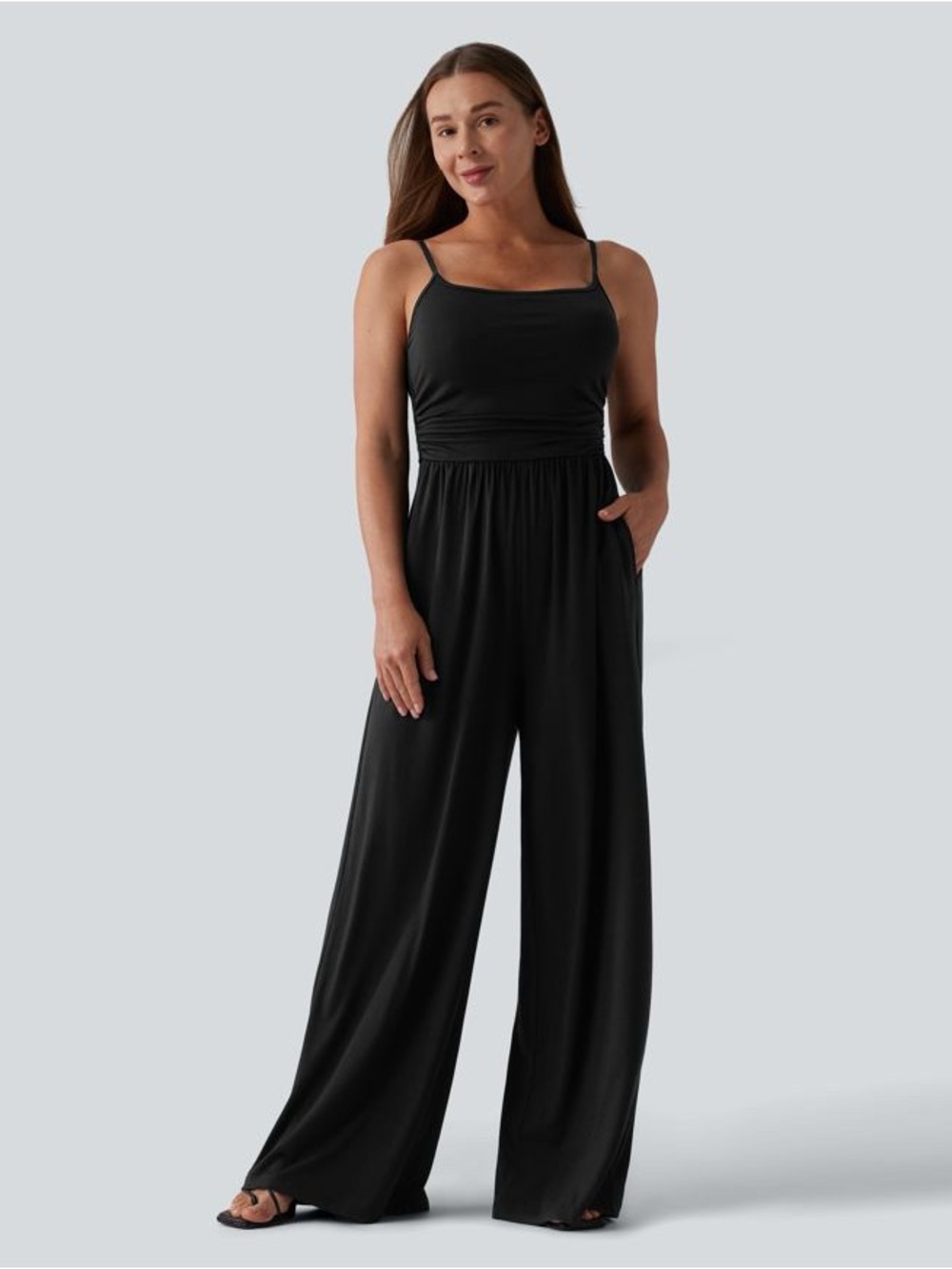 Halara Black Ruched Wide Leg Casual Jumpsuit Pockets Easy Peezy Size M